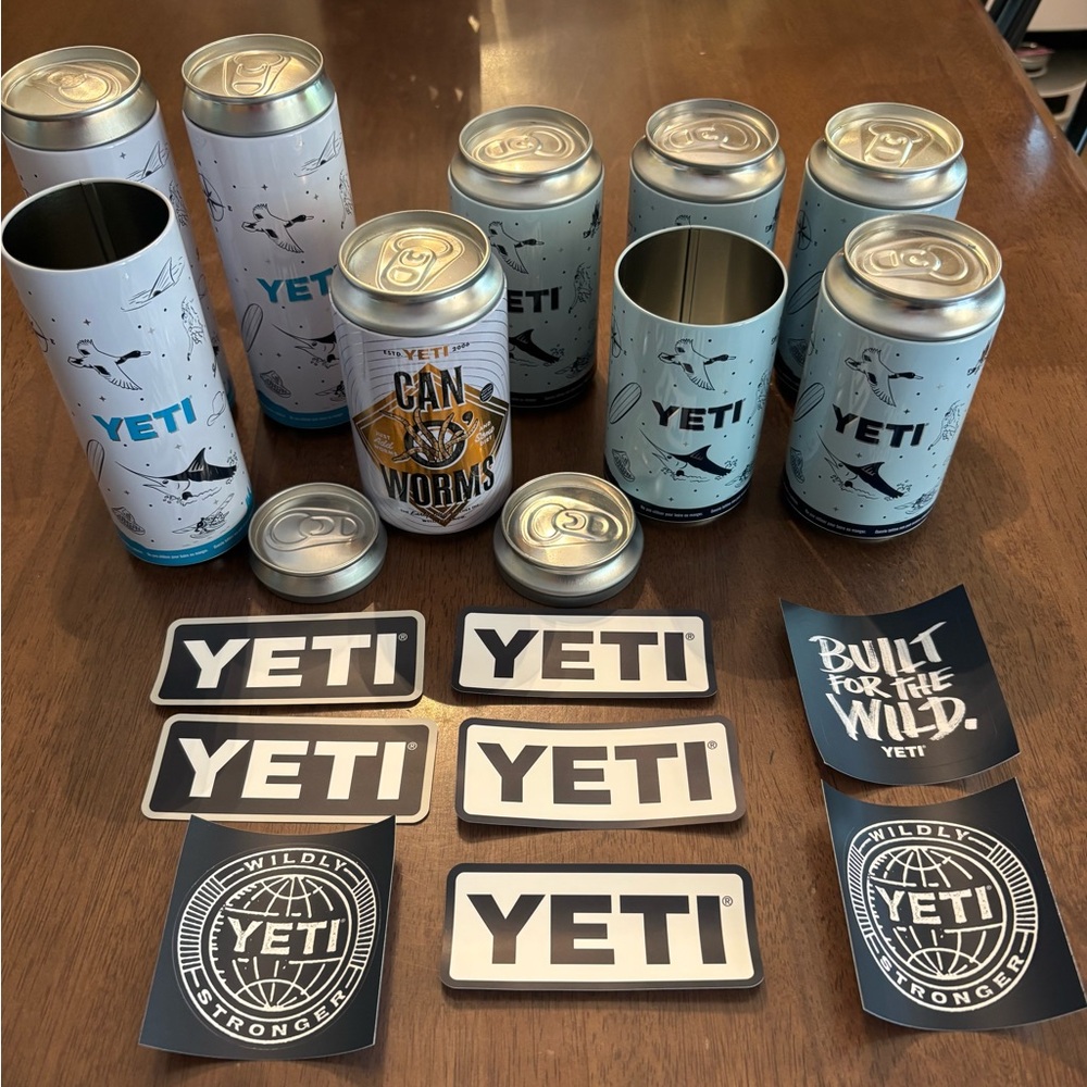 YETI Silver and Blue Can Stash Cans Collection with Stickers